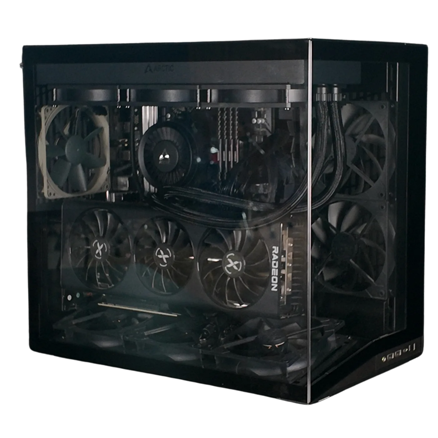 Custom all-black build with XFX Radeon graphics and Arctic liquid cooling