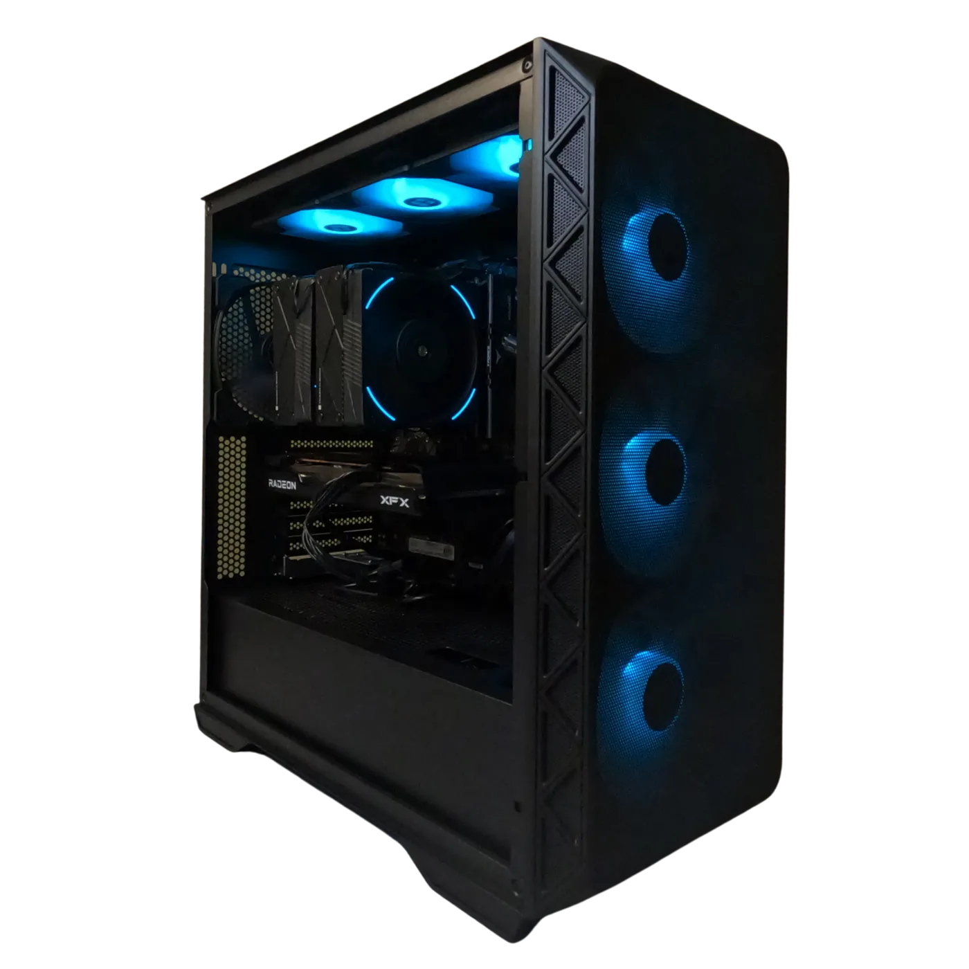 Custom build with blue lit fans and XFX Radeon graphics