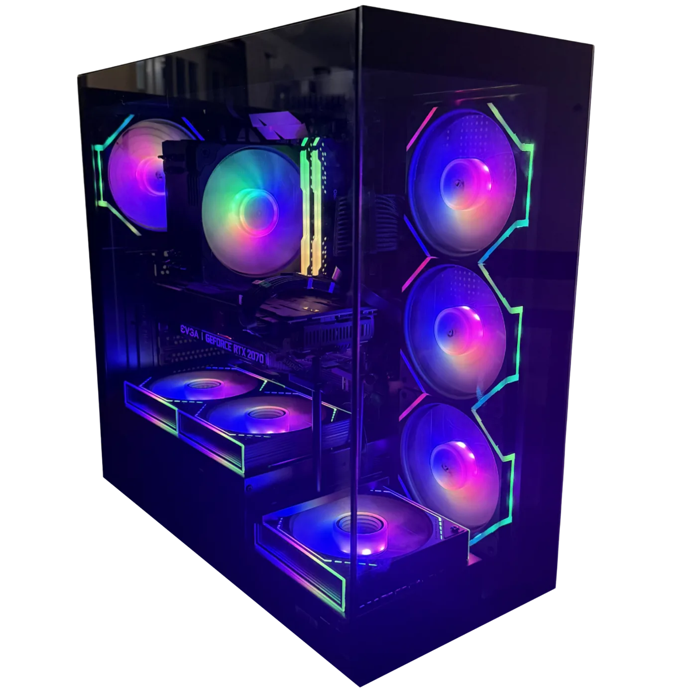 Custom RGB build in a glass dual chamber case with EVGA GeForce RTX graphics