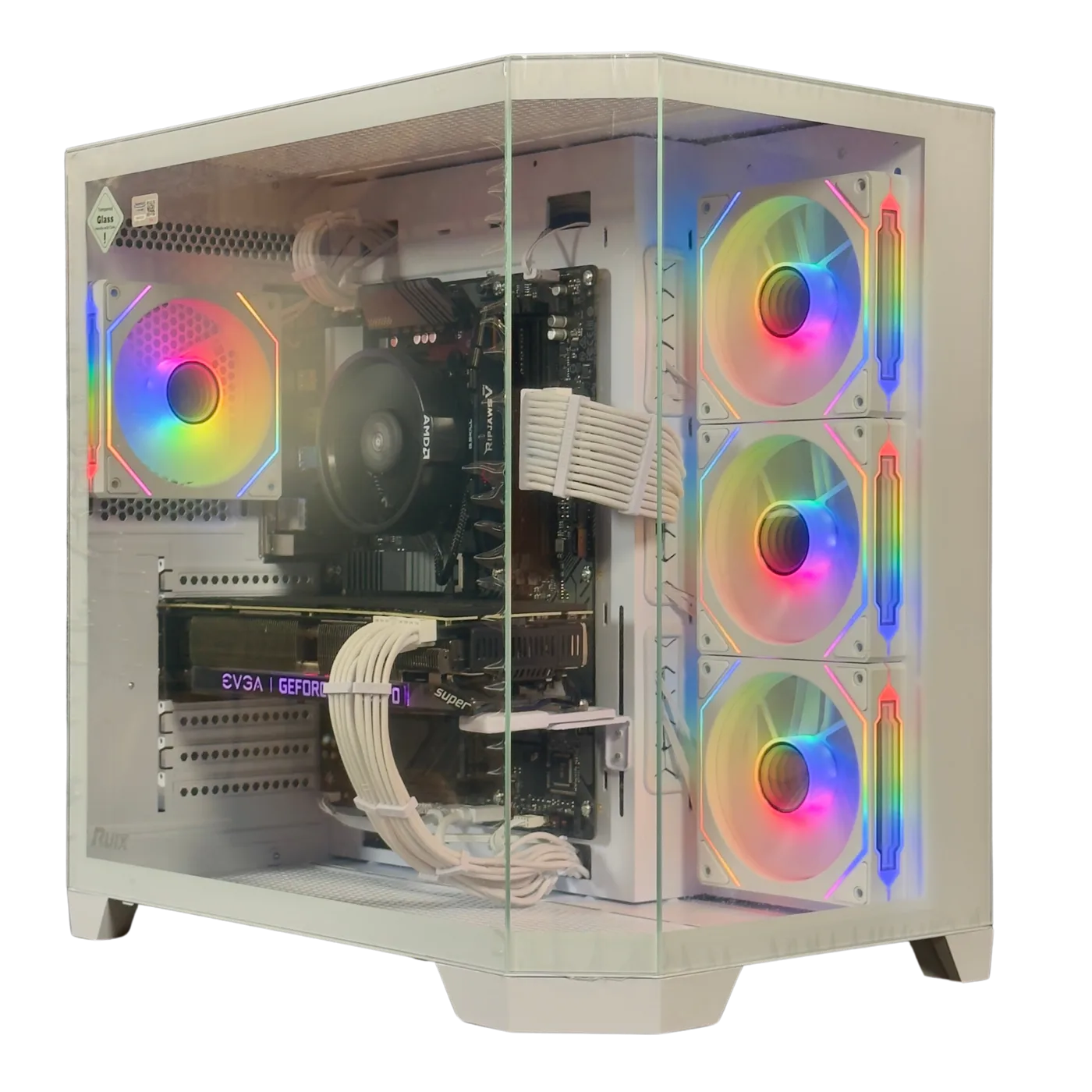 Custom white build in a glass dual chamber case with RGB fans and EVGA GeForce RTX graphics