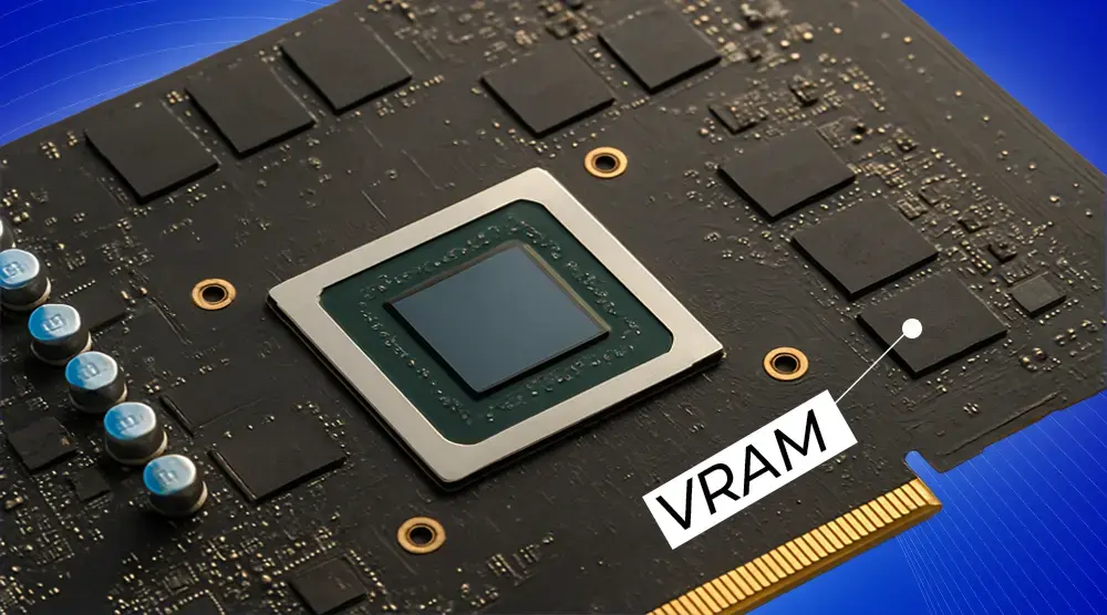 Close up of a graphics card circuit board with the VRAM chips labelled